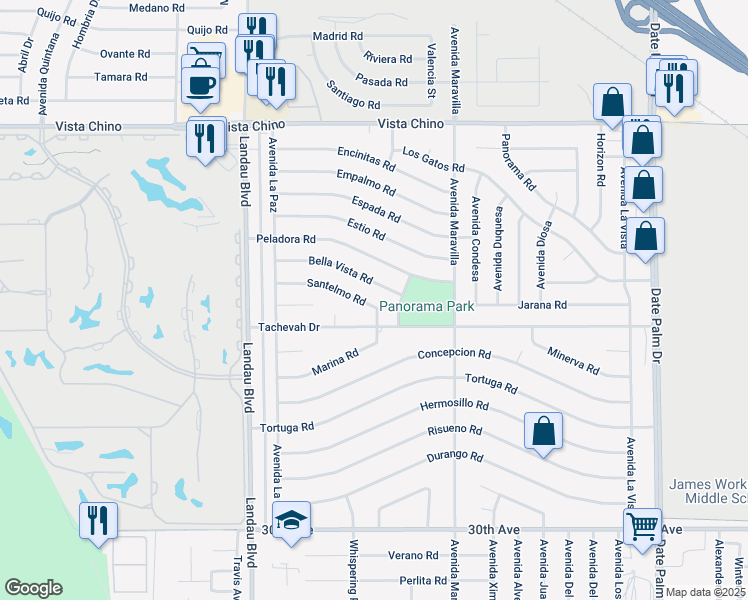 map of restaurants, bars, coffee shops, grocery stores, and more near 68260 Santelmo Road in Cathedral City