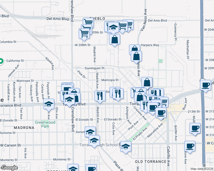 map of restaurants, bars, coffee shops, grocery stores, and more near 824 Amapola Avenue in Torrance