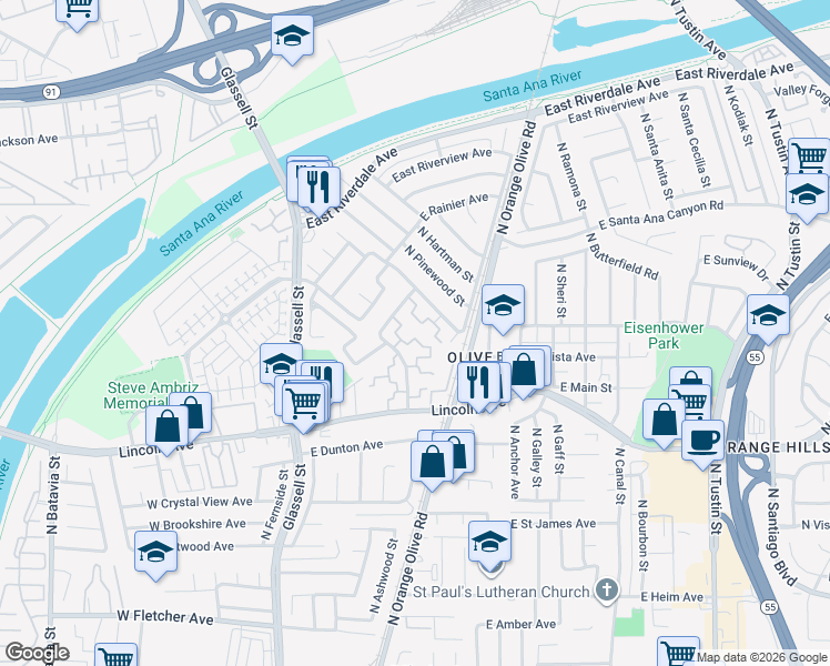 map of restaurants, bars, coffee shops, grocery stores, and more near 2943 North Cottonwood Street in Orange