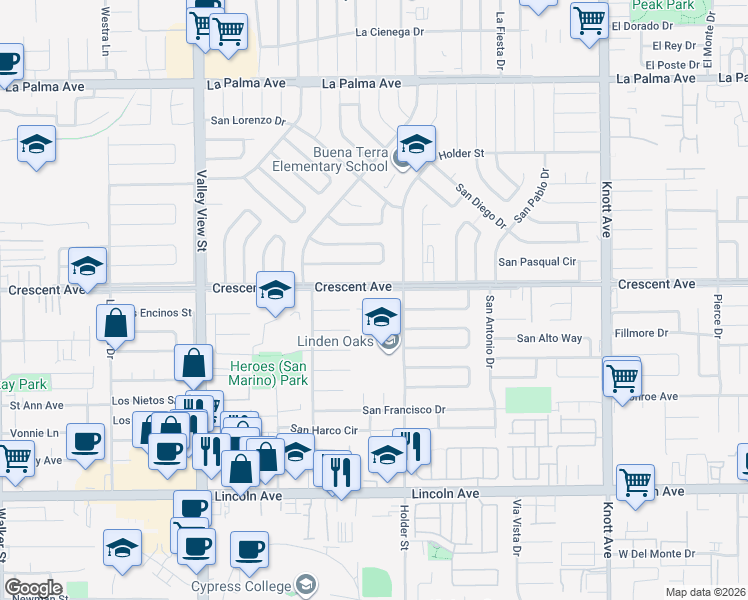 map of restaurants, bars, coffee shops, grocery stores, and more near 6412 Crescent Avenue in Buena Park