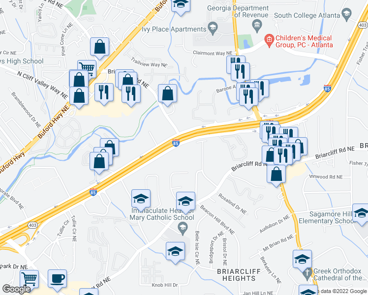 map of restaurants, bars, coffee shops, grocery stores, and more near 1797 Northeast Expressway in Atlanta