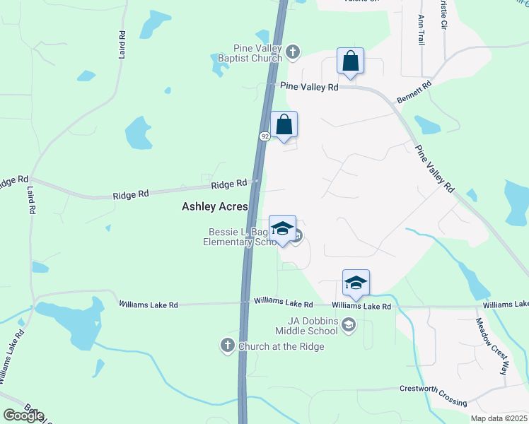 map of restaurants, bars, coffee shops, grocery stores, and more near 45 Village Drive in Hiram