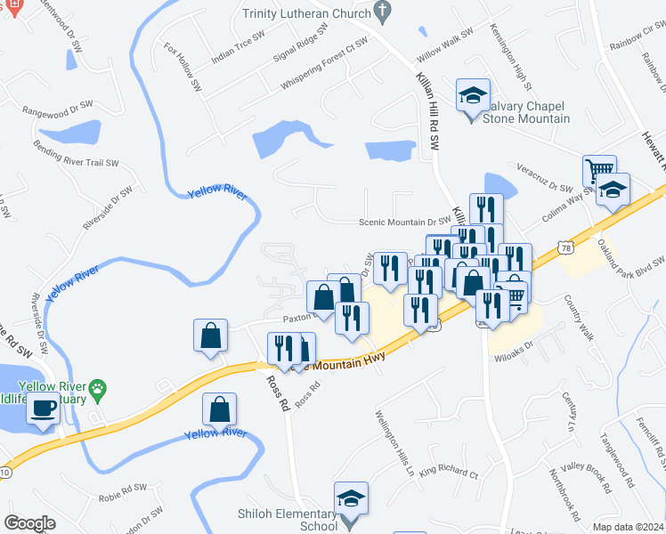 map of restaurants, bars, coffee shops, grocery stores, and more near 1964 Paxton Ridge Lane in Lilburn