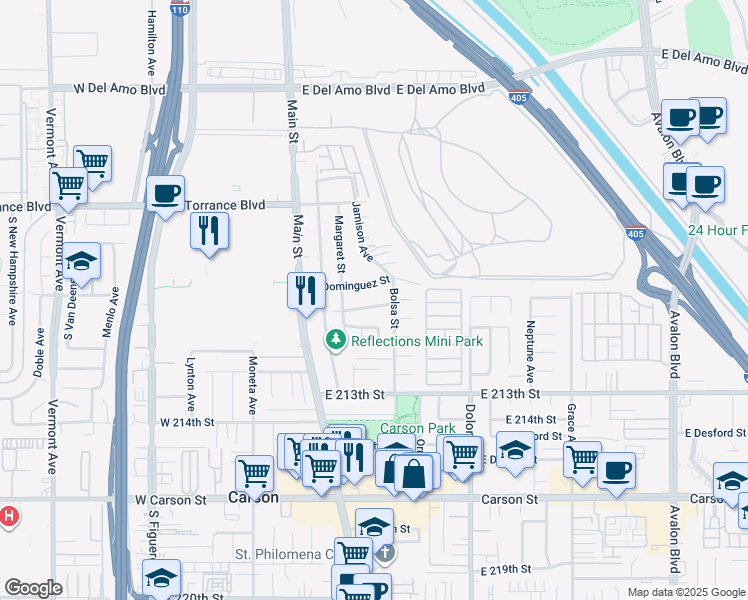map of restaurants, bars, coffee shops, grocery stores, and more near 181 East Javelin Street in Carson
