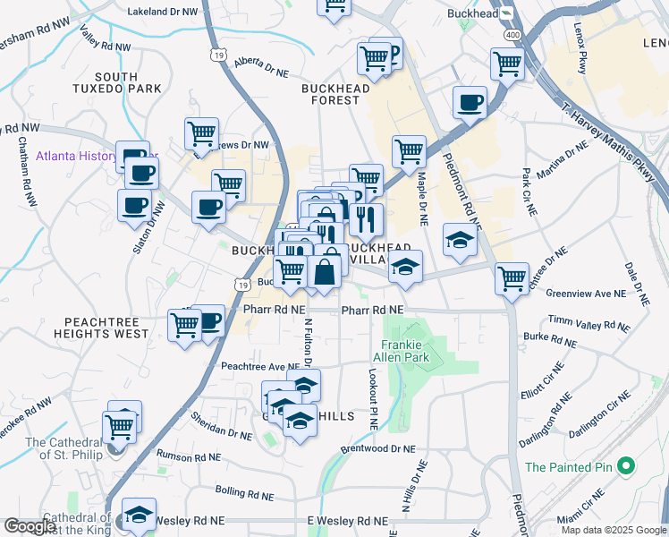 map of restaurants, bars, coffee shops, grocery stores, and more near 3060 Grandview Avenue Northeast in Atlanta