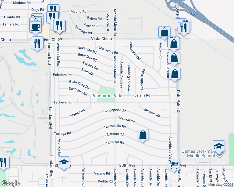 map of restaurants, bars, coffee shops, grocery stores, and more near 28850 Avenida Maravilla in Cathedral City