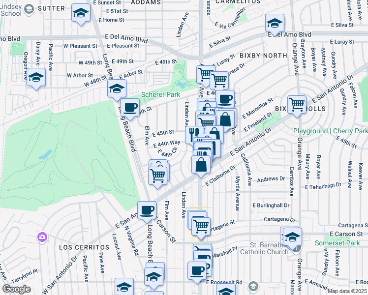 map of restaurants, bars, coffee shops, grocery stores, and more near 4461 Linden Avenue in Long Beach