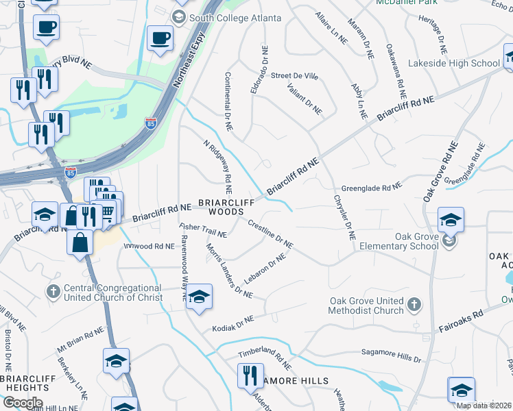 map of restaurants, bars, coffee shops, grocery stores, and more near 3343 Briarcliff Road Northeast in Atlanta