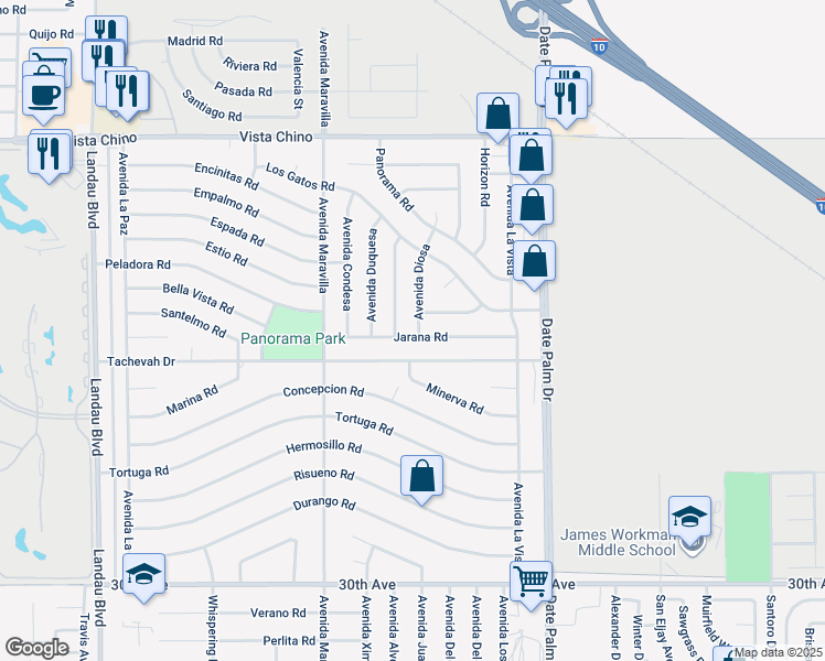 map of restaurants, bars, coffee shops, grocery stores, and more near 28851 Avenida Diosa in Cathedral City