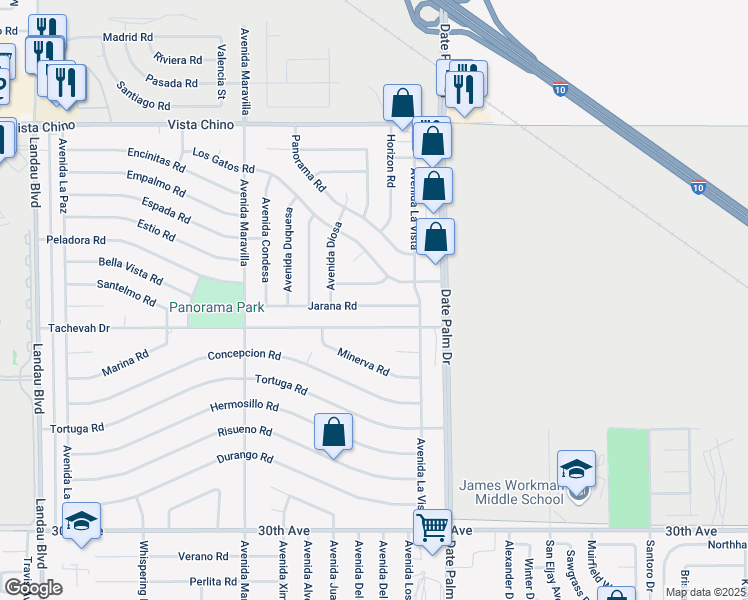 map of restaurants, bars, coffee shops, grocery stores, and more near 68810 Jarana Road in Cathedral City