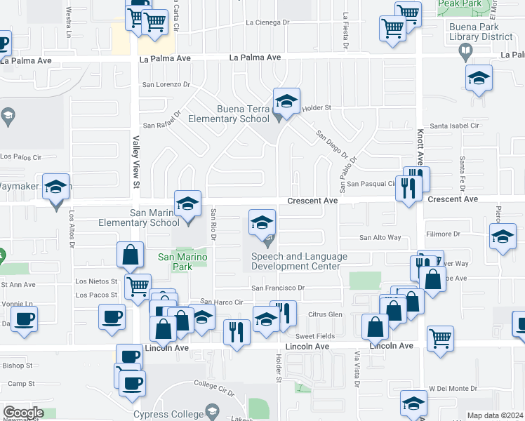 map of restaurants, bars, coffee shops, grocery stores, and more near 6430 Crescent Avenue in Buena Park