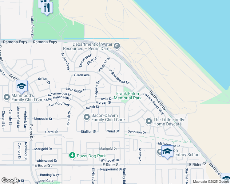 map of restaurants, bars, coffee shops, grocery stores, and more near 3664 Alhambra Lane in Perris