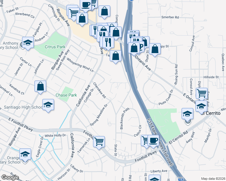 map of restaurants, bars, coffee shops, grocery stores, and more near 1607 Cherokee Road in Corona