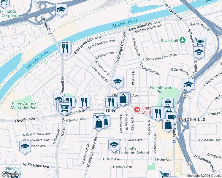 map of restaurants, bars, coffee shops, grocery stores, and more near 2966 North Ashwood Street in Orange