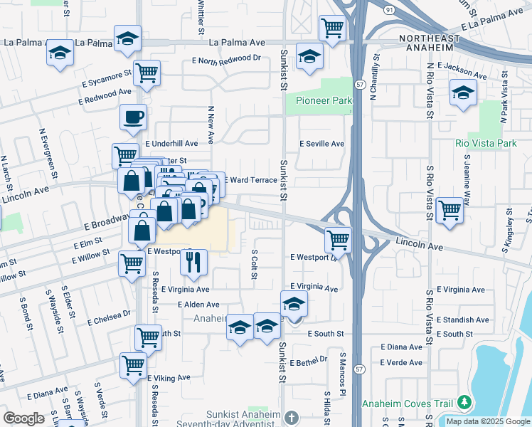 map of restaurants, bars, coffee shops, grocery stores, and more near 2424 East Lincoln Avenue in Anaheim