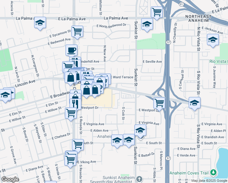 map of restaurants, bars, coffee shops, grocery stores, and more near in Anaheim