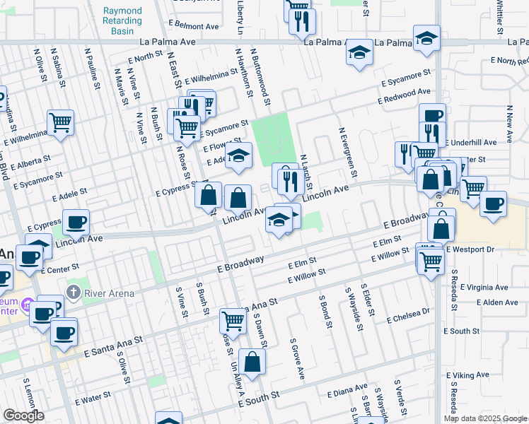 map of restaurants, bars, coffee shops, grocery stores, and more near 1274 East Lincoln Avenue in Anaheim