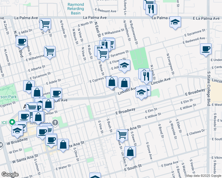 map of restaurants, bars, coffee shops, grocery stores, and more near 111 North East Street in Anaheim