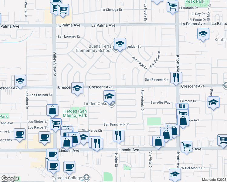 map of restaurants, bars, coffee shops, grocery stores, and more near 6490 Crescent Avenue in Buena Park
