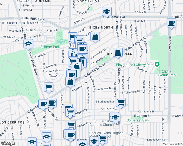 map of restaurants, bars, coffee shops, grocery stores, and more near 1031 East Claiborne Drive in Long Beach