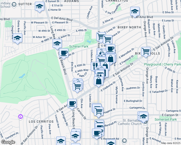map of restaurants, bars, coffee shops, grocery stores, and more near 4461 Linden Avenue in Long Beach