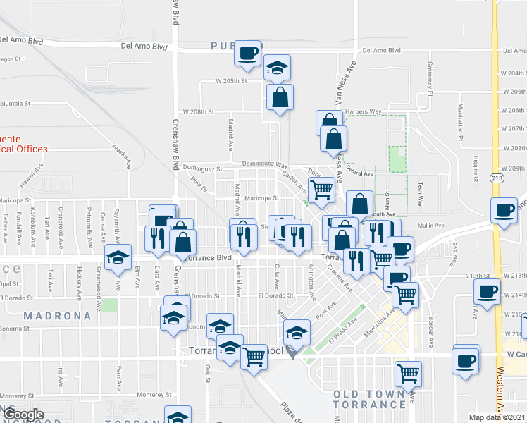 map of restaurants, bars, coffee shops, grocery stores, and more near 907 Cota Avenue in Torrance