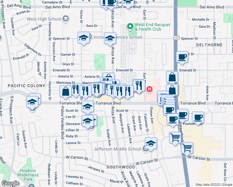 map of restaurants, bars, coffee shops, grocery stores, and more near 21112 Anza Avenue in Torrance