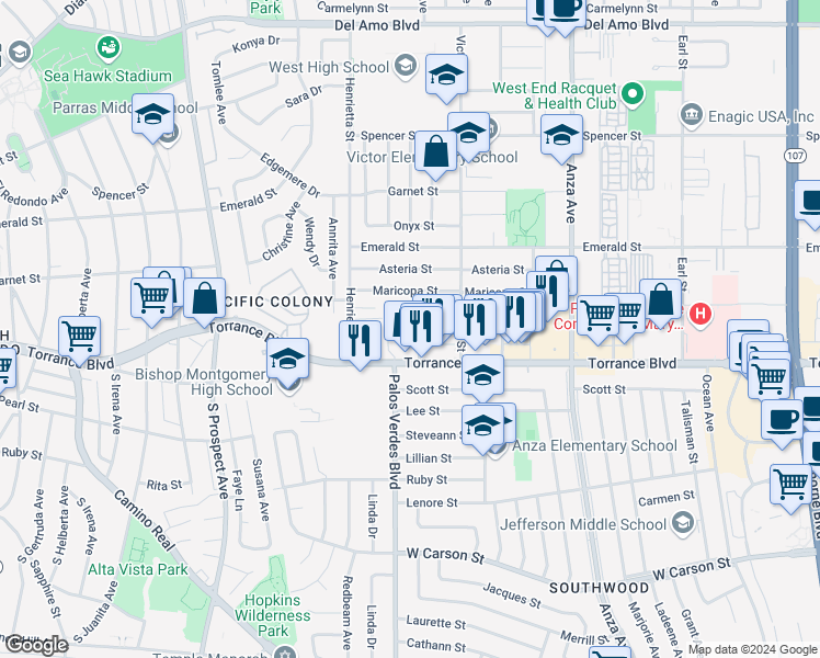 map of restaurants, bars, coffee shops, grocery stores, and more near 21104 Wood Avenue in Torrance