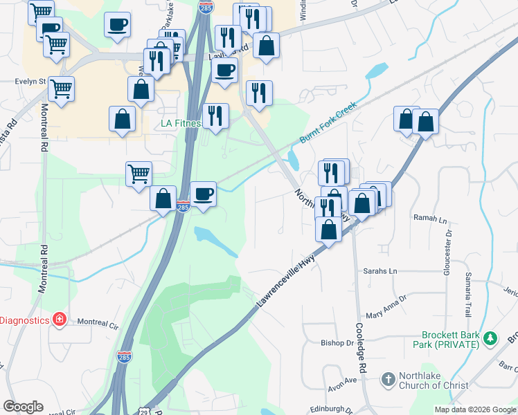 map of restaurants, bars, coffee shops, grocery stores, and more near 3543 Robinhill Drive in Tucker
