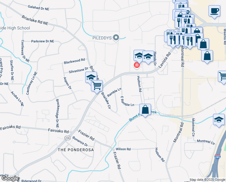 map of restaurants, bars, coffee shops, grocery stores, and more near 2988 Ramble Lane in Decatur