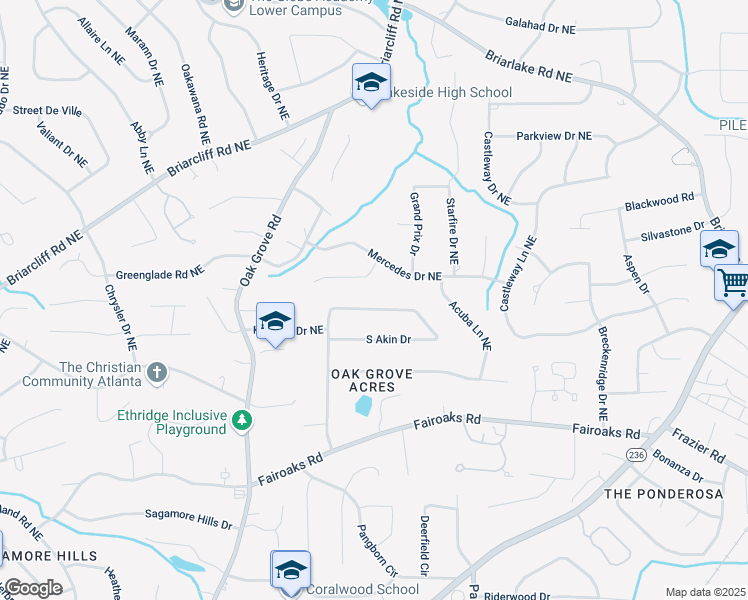 map of restaurants, bars, coffee shops, grocery stores, and more near 1942 North Akin Drive Northeast in Atlanta
