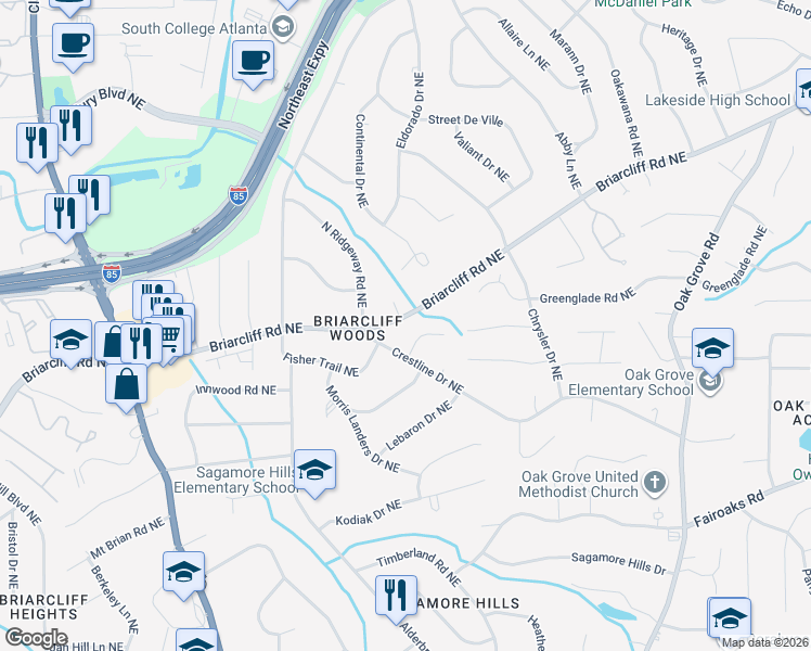 map of restaurants, bars, coffee shops, grocery stores, and more near 3343 Briarcliff Road Northeast in Atlanta