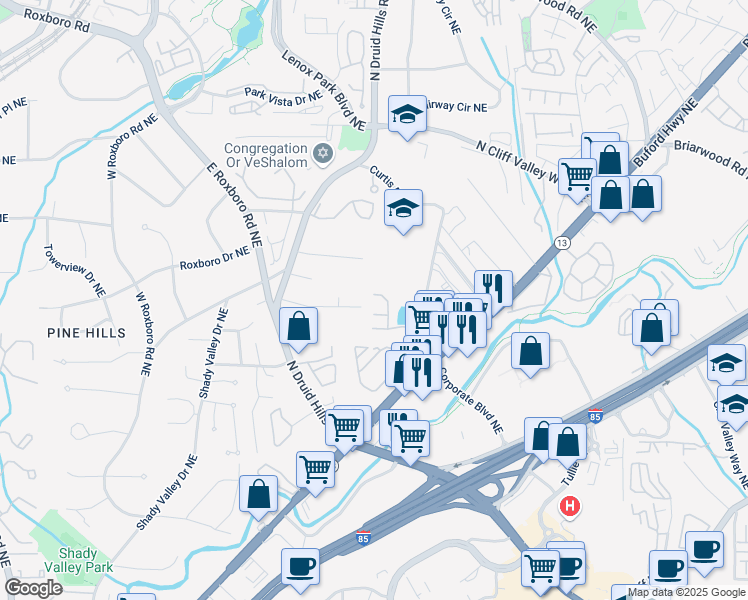 map of restaurants, bars, coffee shops, grocery stores, and more near 1371 Keys Lake Drive Northeast in Atlanta