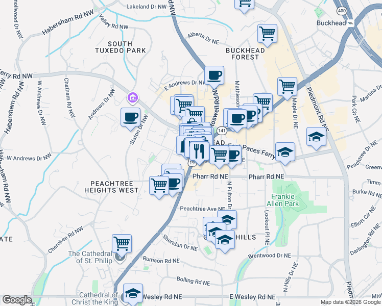 map of restaurants, bars, coffee shops, grocery stores, and more near 120 Buckhead Avenue Northeast in Atlanta