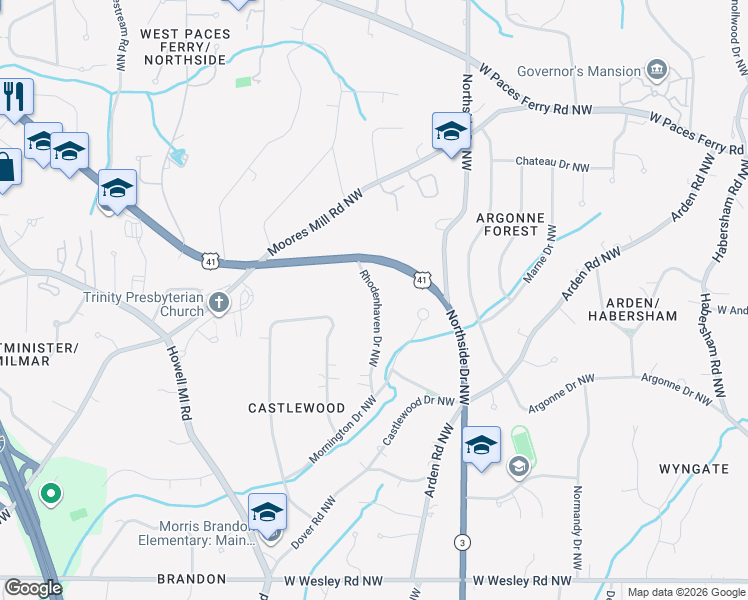 map of restaurants, bars, coffee shops, grocery stores, and more near 3041 Rhodenhaven Drive Northwest in Atlanta