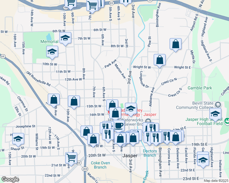 map of restaurants, bars, coffee shops, grocery stores, and more near 400 14th Street West in Jasper