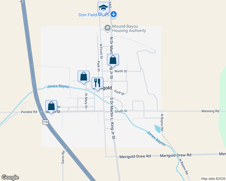 map of restaurants, bars, coffee shops, grocery stores, and more near 112 Goff St in Merigold