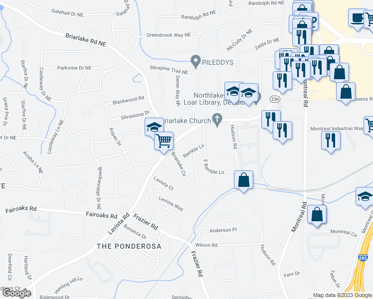 map of restaurants, bars, coffee shops, grocery stores, and more near 2982 Ramble Lane in Decatur