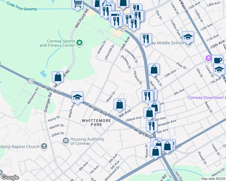 map of restaurants, bars, coffee shops, grocery stores, and more near 1604 Ward Circle in Conway
