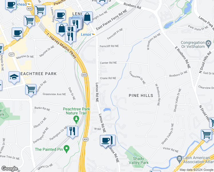 map of restaurants, bars, coffee shops, grocery stores, and more near 2301 Lenox Rd NE in Atlanta