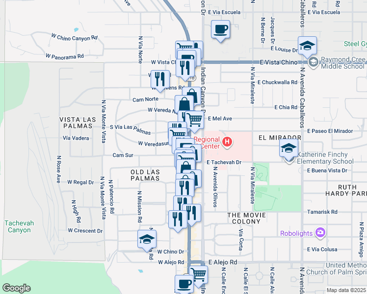 map of restaurants, bars, coffee shops, grocery stores, and more near 1133 North Palm Canyon Drive in Palm Springs