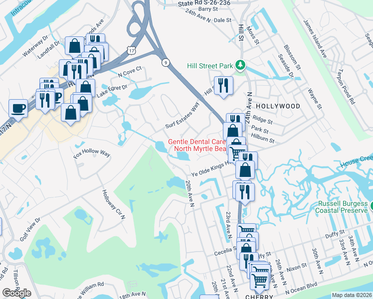 map of restaurants, bars, coffee shops, grocery stores, and more near 1302 Surf Pointe Drive in North Myrtle Beach