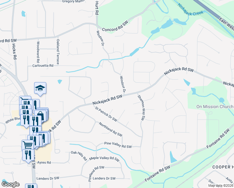 map of restaurants, bars, coffee shops, grocery stores, and more near 316 Nickajack Road Southwest in Mableton