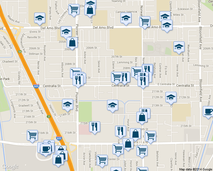 map of restaurants, bars, coffee shops, grocery stores, and more near 11964 Centralia Road in Hawaiian Gardens