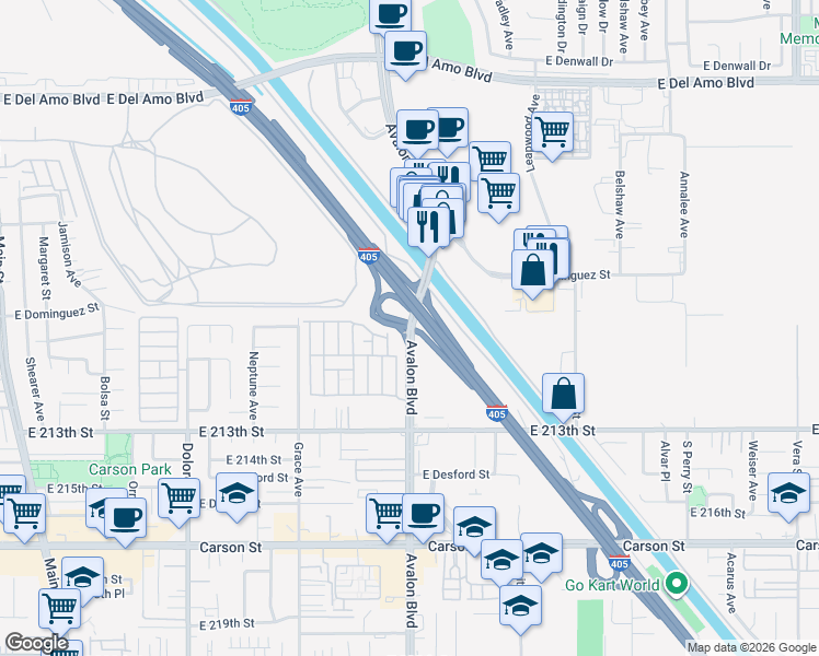 map of restaurants, bars, coffee shops, grocery stores, and more near 21126 South Avalon Boulevard in Carson