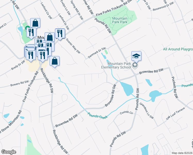 map of restaurants, bars, coffee shops, grocery stores, and more near 1488 Bristolwood Court Southwest in Lilburn