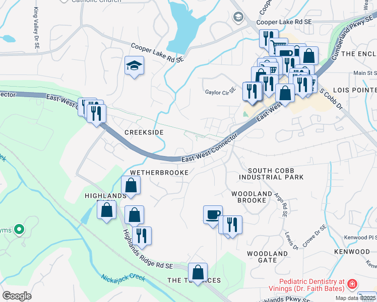 map of restaurants, bars, coffee shops, grocery stores, and more near 4680 Creekside Villas Way in Smyrna