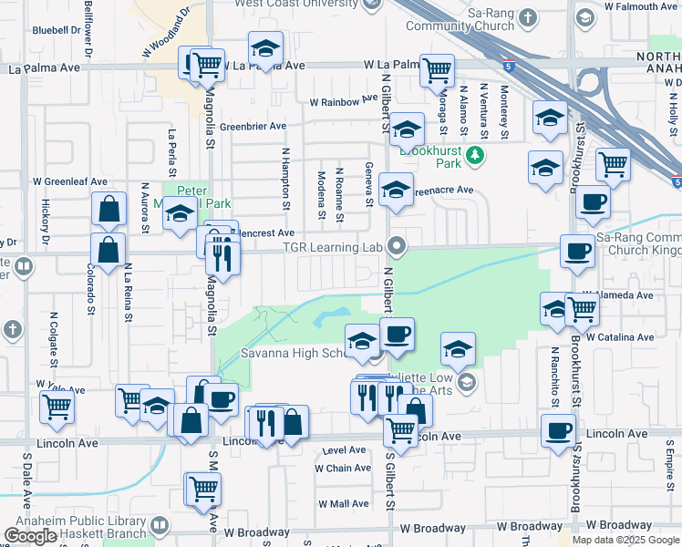 map of restaurants, bars, coffee shops, grocery stores, and more near 525 North Gilbert Street in Anaheim