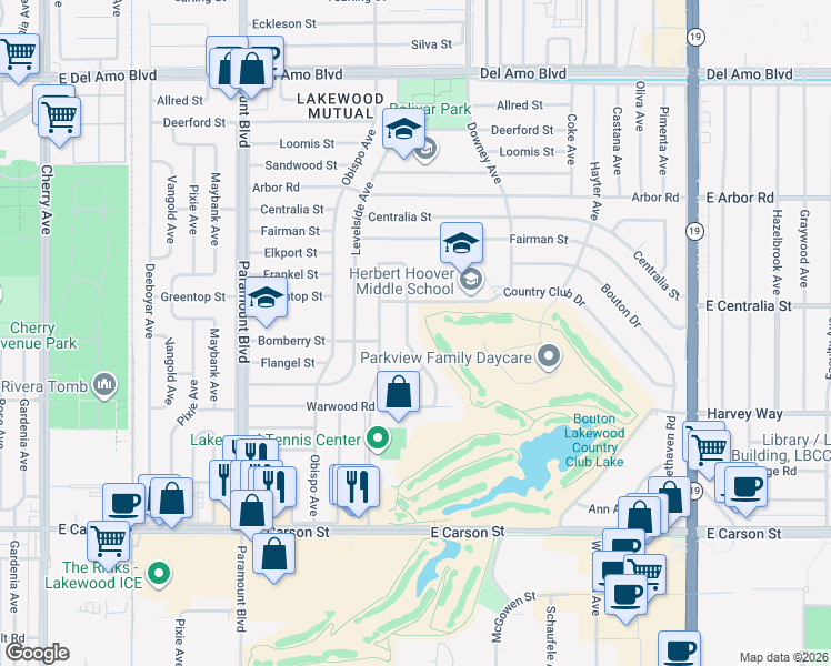 map of restaurants, bars, coffee shops, grocery stores, and more near 4414 Fairway Drive in Lakewood