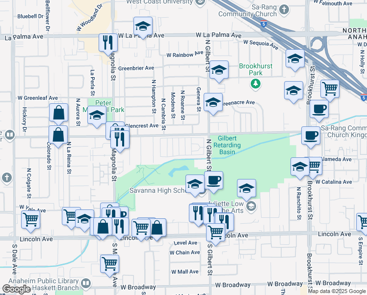 map of restaurants, bars, coffee shops, grocery stores, and more near 525 North Gilbert Street in Anaheim